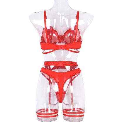 Yimunancy 3-Piece Black Bra Set Women Patchwork See Through Mesh Lingerie Set Ladies Sexy Panty Underwear Set