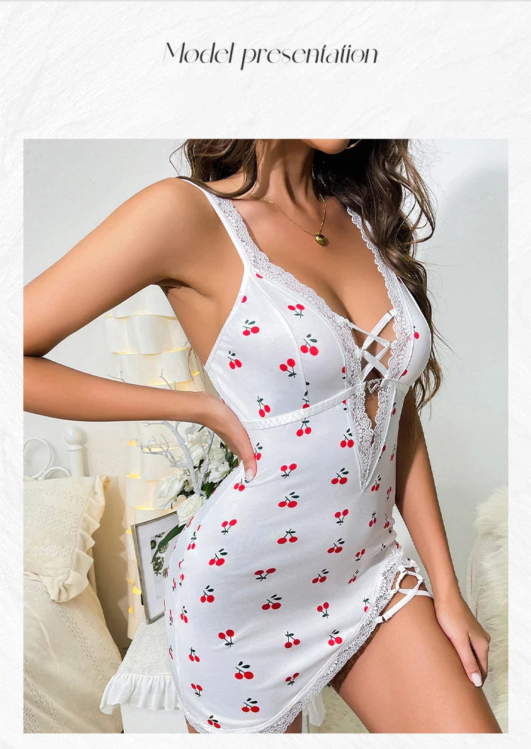 Sexy Cherry Print Nightgown Women's Lace Trim Lingerie Criss Cross Cami Mini Dress Cute Bodycon Chemise Trendy Nightwear New