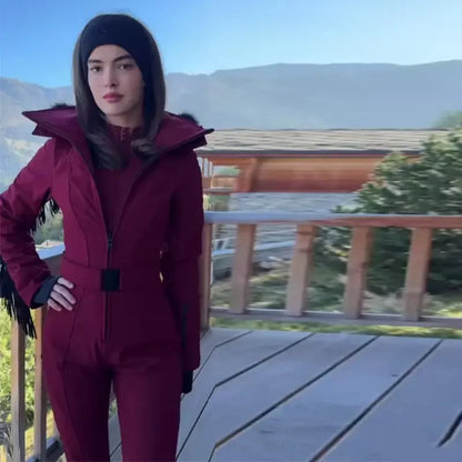 Casual Solid Tassels Women's Ski Suit Zippers Fur Hooded Slim High Waist Lady Jumpsuits 2025 Winter Fashion Female Warm Skiwear