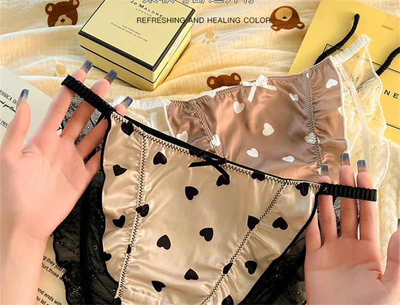 Sexy lingerie women Satin tangas lace ropa interior femenina sweet calzones para mujer plus size panties heart underwear women