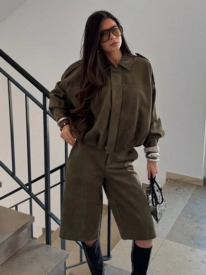 HH Women Brown Green Suede Jacket Loose Casual Bomber Coat Lapel Zipper Long Sleeve Jackets Vintage Lady Motorcycle Outwears
