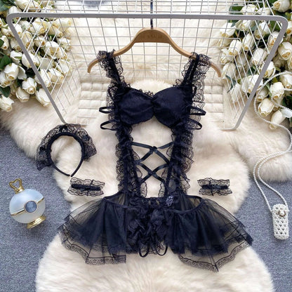 Lolita Strap Bodysuit With Cross Lace Up Hollow Patchwork Playsuit Double-Layer Sheer Mesh Sweet Women's Pajamas Sexy Lingerie