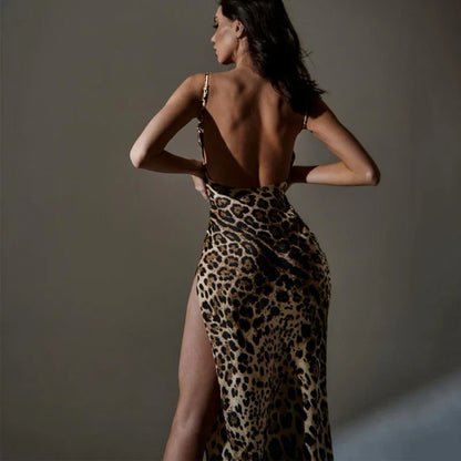 Hugcitar Leopard Print Swing Collar Sleeveless Sexy Maxi Slit Prom Dress Summer Women Fashion Y2K Clothes Party Beach Vacation