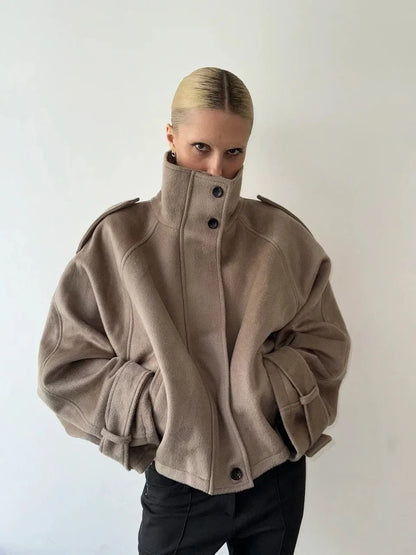 Urban Black Woolen Blend Coats Women Stand Collar Single-breasted Long Sleeve Thick Warm Jacket 2025 Autumn Winter Lady Outwear
