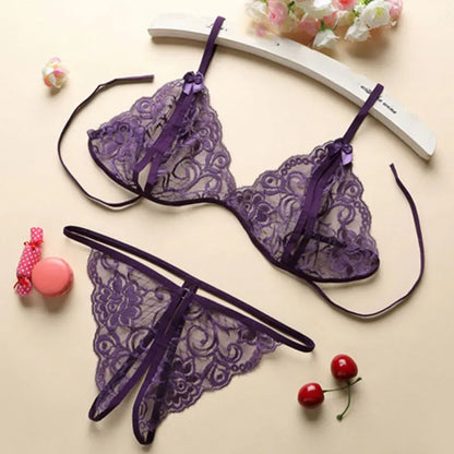 Sexy Women's Halter Corset Deep V Crotchless Bra Set Lace Bow Tie Temptation Lingerie Tulle See-through Erotic Super Short Skirt