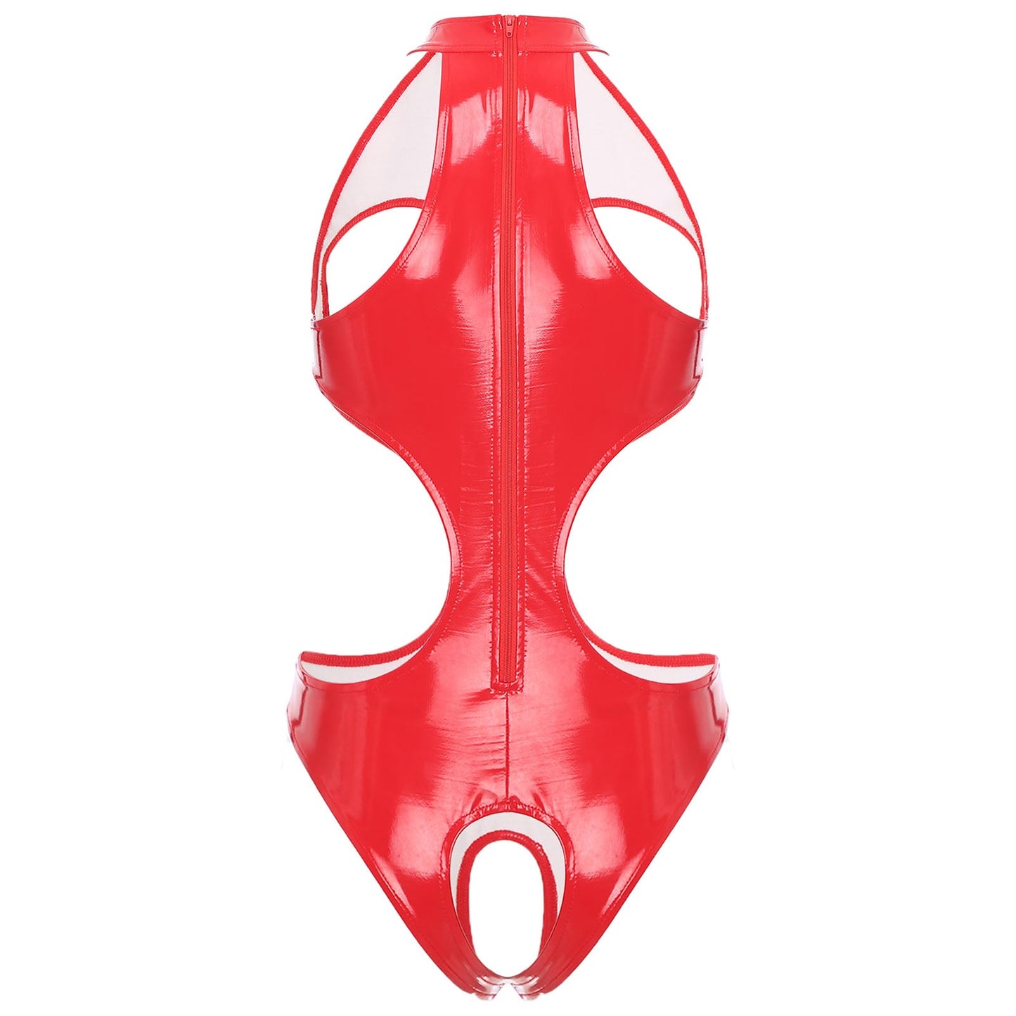 Womens Wet Look Faux Leather Hollow Out Open Breast Leotard Bodysuit Halter Neck Crotchless Jumpsuit Lingerie Teddy Nightwear