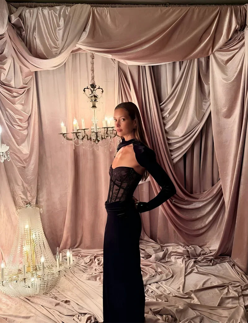Mozision Long Sleeve Backless Sexy Maxi Dress Women Gown Elegant Lace Print Off-shoulder High Waist Ruched Bodycon Club Dresses