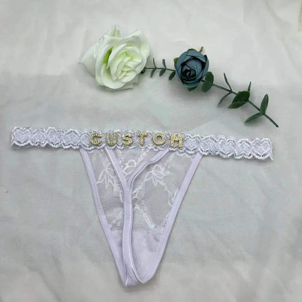Custom Thongs with Name for Boyfriend Crystal Letter Body Jewelry Women Sexy Lace Bikini G-String Panties Valentine's Day Gift