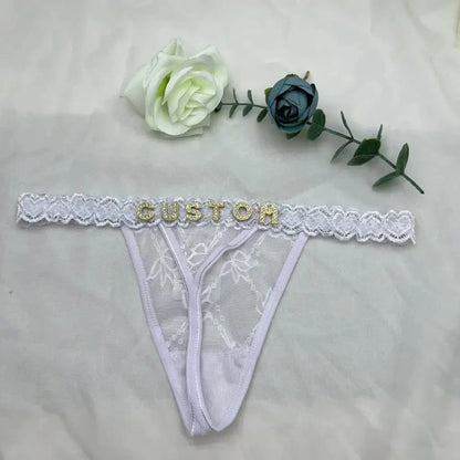 Custom Thongs with Name for Boyfriend Crystal Letter Body Jewelry Women Sexy Lace Bikini G-String Panties Valentine's Day Gift