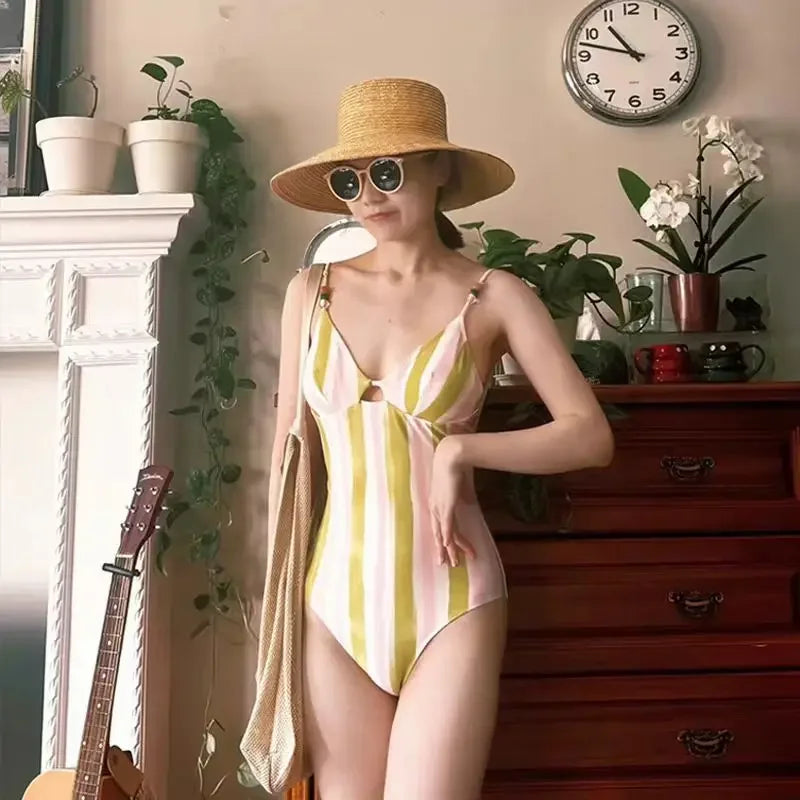 OIINAA Swimming Suit for Women Striped Contrast Color Bodysuit Halter Beading Sexy Bathing Suit Summer 2025 New Korean Beachwear