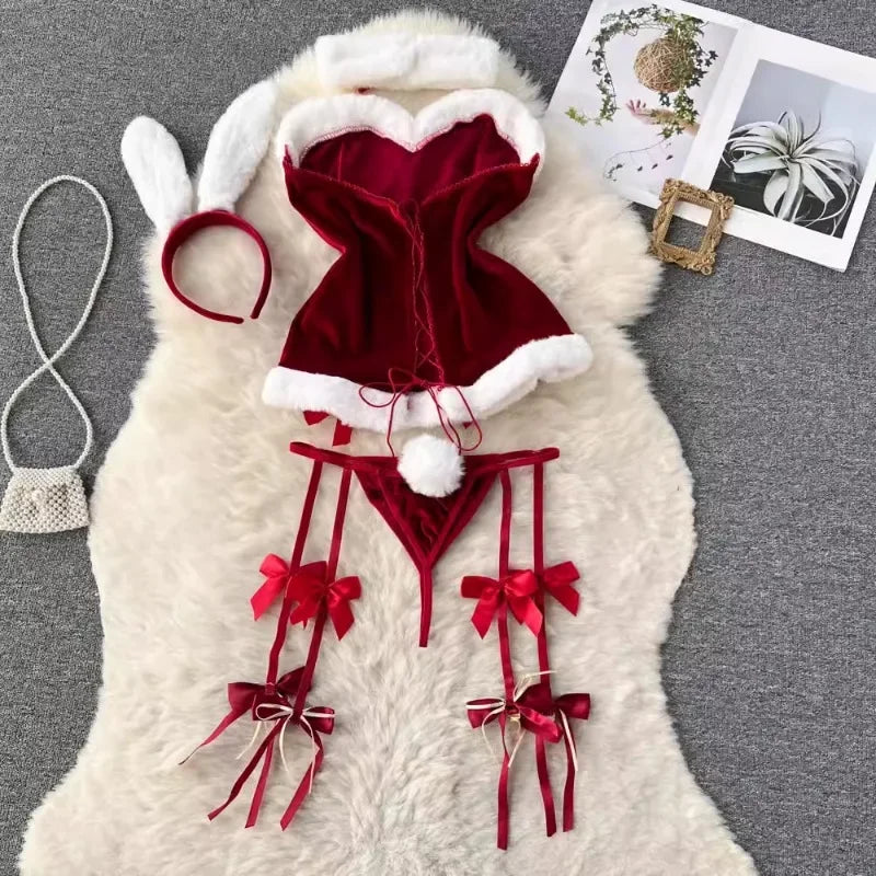 Sweet Red Bunny Lingerie Underwear Set Women Sexy Soft Plush Cute Bowknot Sweet Nightgowns Christmas Rabbit Cosplay Costumes New