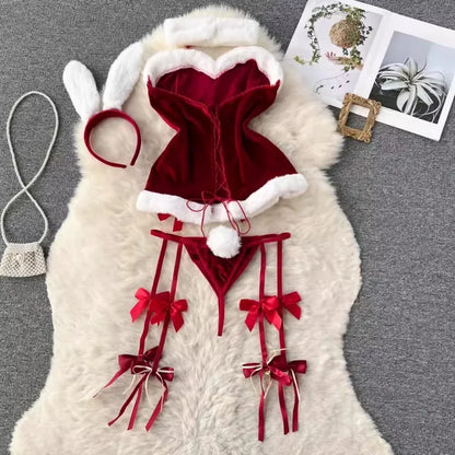 Sweet Red Bunny Lingerie Underwear Set Women Sexy Soft Plush Cute Bowknot Sweet Nightgowns Christmas Rabbit Cosplay Costumes New