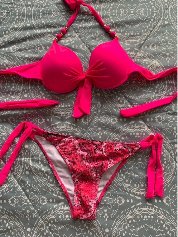 2024 New Print 2-piece Swimsuit for Women,hard Cup Suspender Push Up Bikini Set,summer Beach Vacation Backless Bathing Suit