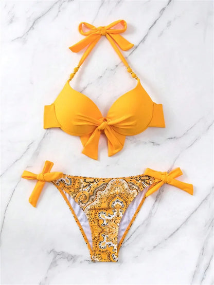 Summer Bikini New Underwired Bra Push Up Swimsuit Women Chest Knot Bow Bathing Suit Outfits Ties Swimwear Women Swimming Suit XL