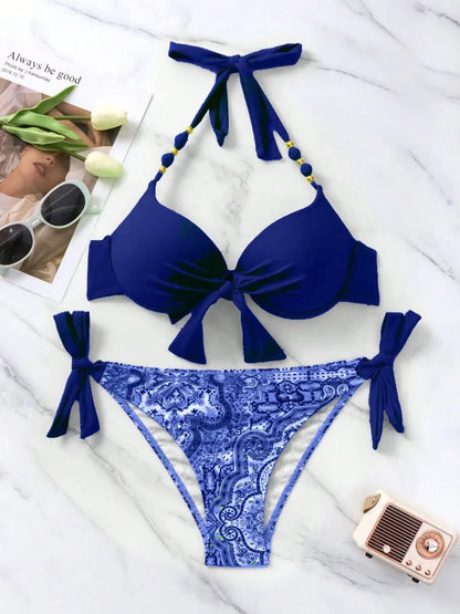 2024 New Print 2-piece Swimsuit for Women,hard Cup Suspender Push Up Bikini Set,summer Beach Vacation Backless Bathing Suit