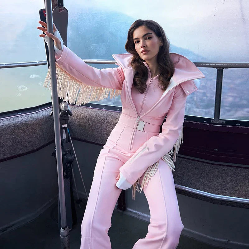 Casual Solid Tassels Women's Ski Suit Zippers Fur Hooded Slim High Waist Lady Jumpsuits 2025 Winter Fashion Female Warm Skiwear