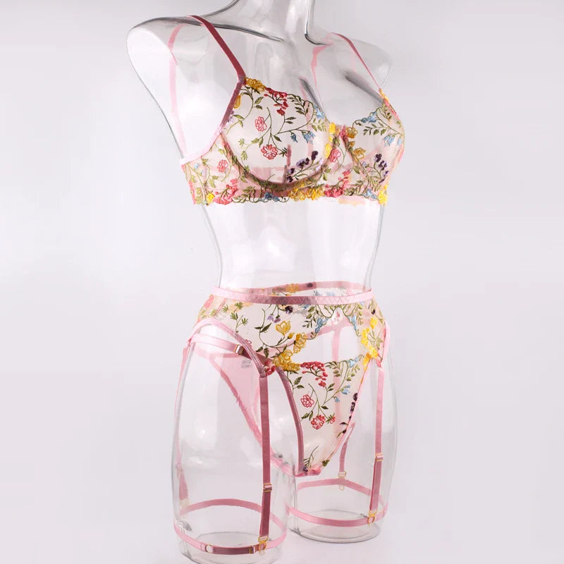 Sexy Women's Lace Lingerie 3Pcs Sets Fancy Flowers Embroidery Transparent Bras And Thongs Underwear Set Erotic Intimate Suits ﻿