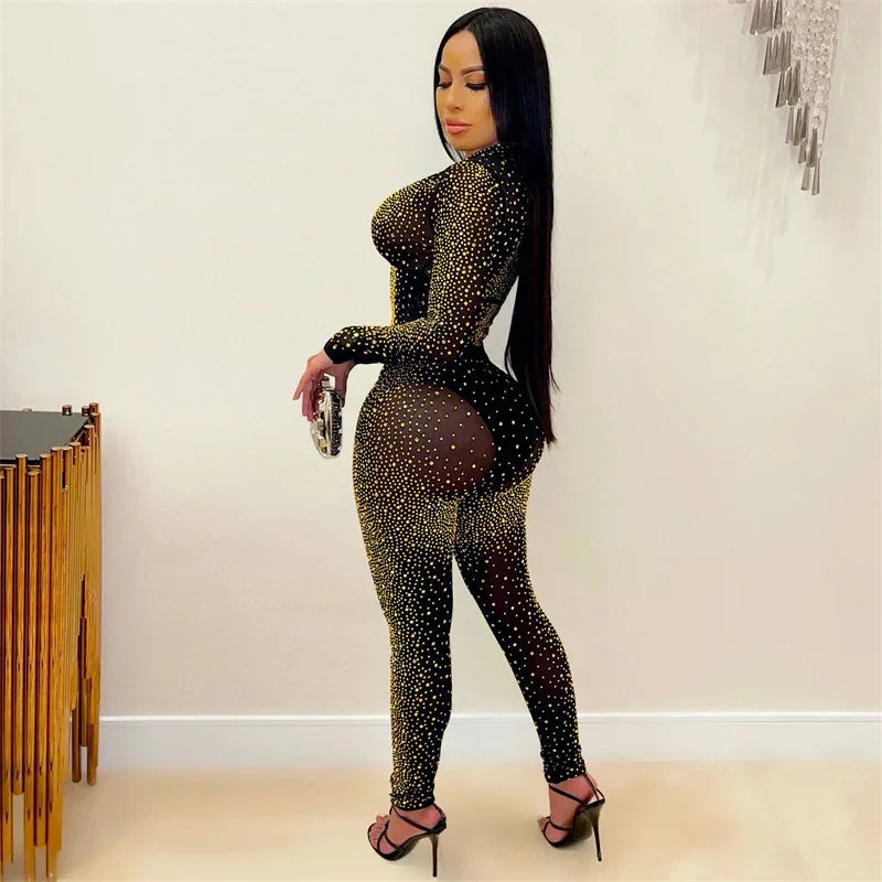 Doyerl Glitter Rhinestones Sexy Club Outfits Woman 2 Piece Set Mesh See Through Long Sleeve Cropped Top and Pants Suit Birthday
