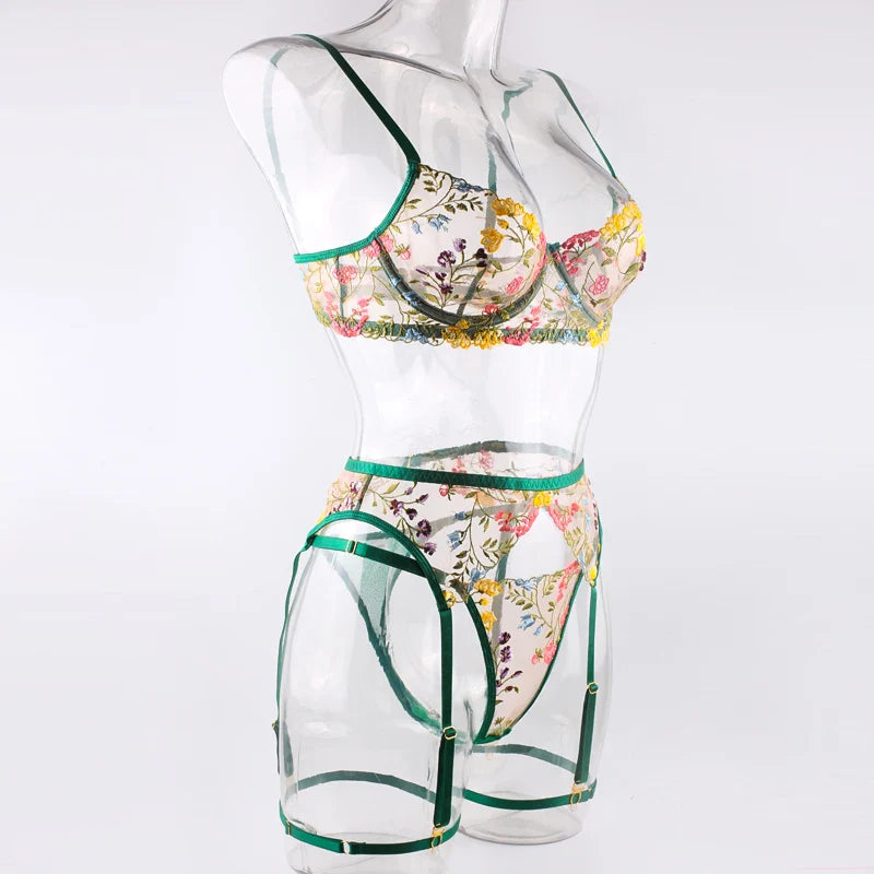 Sexy Women's Lace Lingerie 3Pcs Sets Fancy Flowers Embroidery Transparent Bras And Thongs Underwear Set Erotic Intimate Suits ﻿