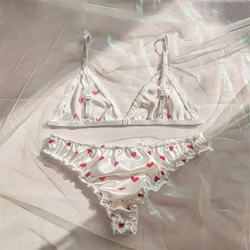 Sexy Women's Lingerie Heart Printed Lingerie Sets Satin Silk Bra Panties Pajamas Set Soft Sleepwear Erotic Babydolls Costumes