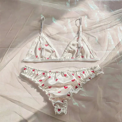 Sexy Women's Lingerie Heart Printed Lingerie Sets Satin Silk Bra Panties Pajamas Set Soft Sleepwear Erotic Babydolls Costumes
