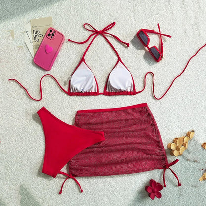Solid Brown Swimwears String Halter Triangle 3 Piece Bikini Set Sexy Swimsuit Women 2025 Mesh Skirts Bathing Suit Bikinis Dames