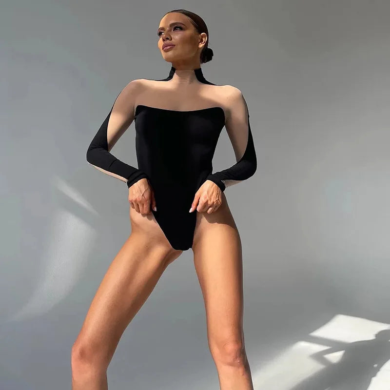 2025 Patchwork See Through Mesh Bodysuit Women's Sexy Long Sleeve Turtleneck Jumpsuit Chic Elegant High Waist Tops Bodysuits