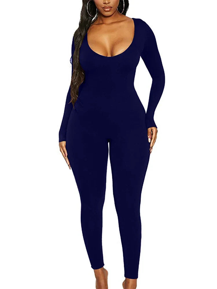 Spring and Summer New Women's Jumpsuit Long Sleeve Solid Color Skinny Jumpsuit Fashion Sports Fitness Jumpsuit Pullover
