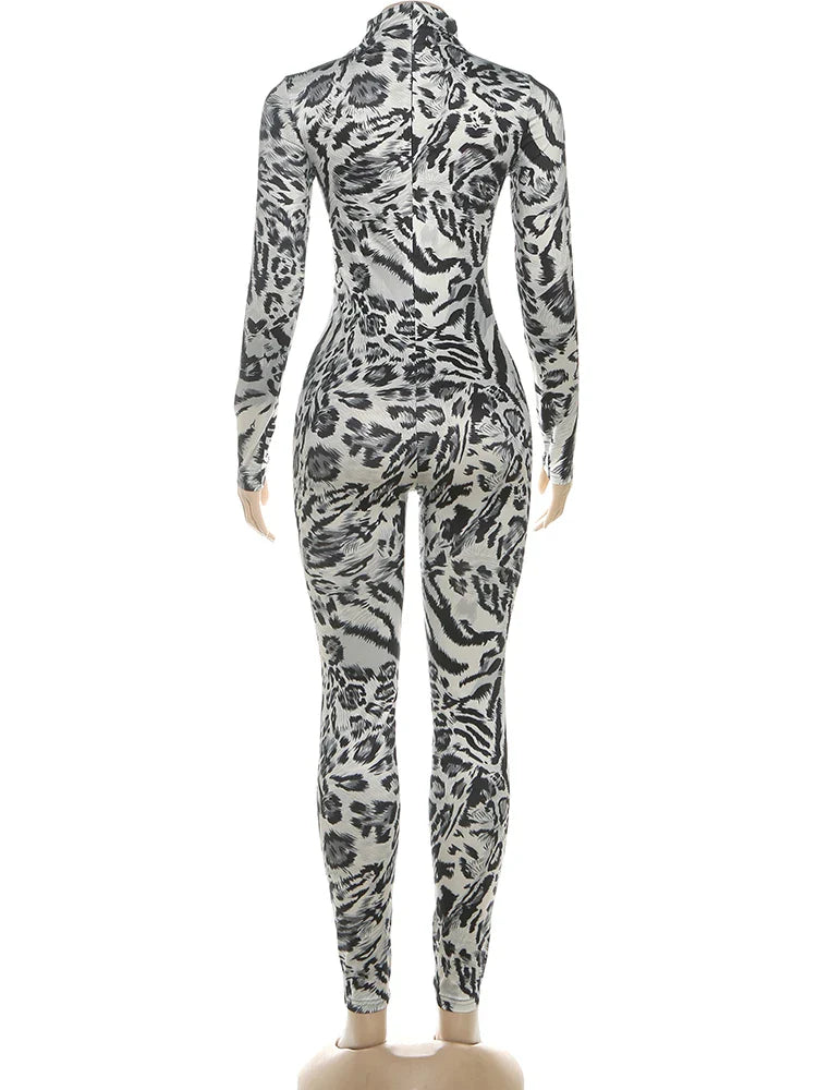 Sisterlinda Fitness Jumpsuit Women Sexy Zip Leopard Print Full Sleeve Streetwear Activity Workout Casual Tight Stretch Overalls