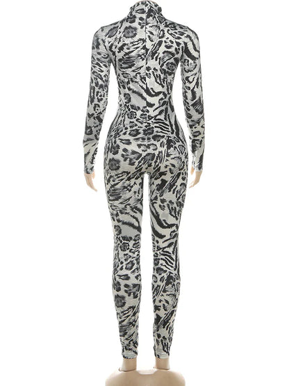 Sisterlinda Fitness Jumpsuit Women Sexy Zip Leopard Print Full Sleeve Streetwear Activity Workout Casual Tight Stretch Overalls
