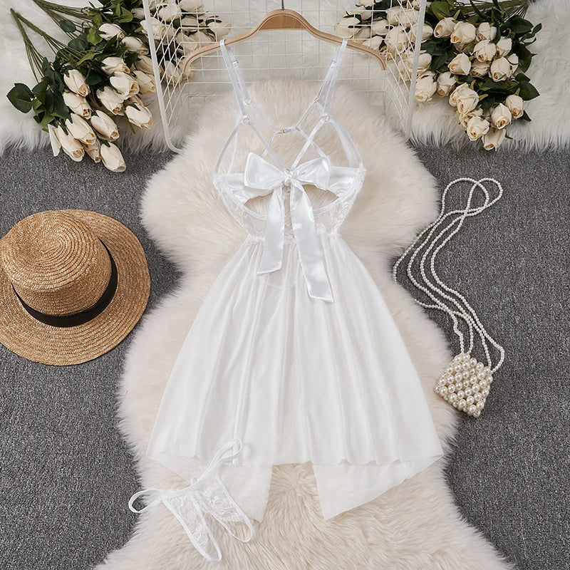 Sexy Lace Gauze Patchwork Strap Bodysuit Hollow Sleeveless Slim backless Women Erotic Lingerie Hotsweet Bow Night Maid Cosplay