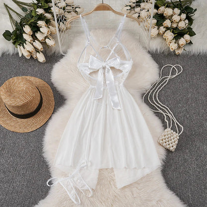 Sexy Lace Gauze Patchwork Strap Bodysuit Hollow Sleeveless Slim backless Women Erotic Lingerie Hotsweet Bow Night Maid Cosplay