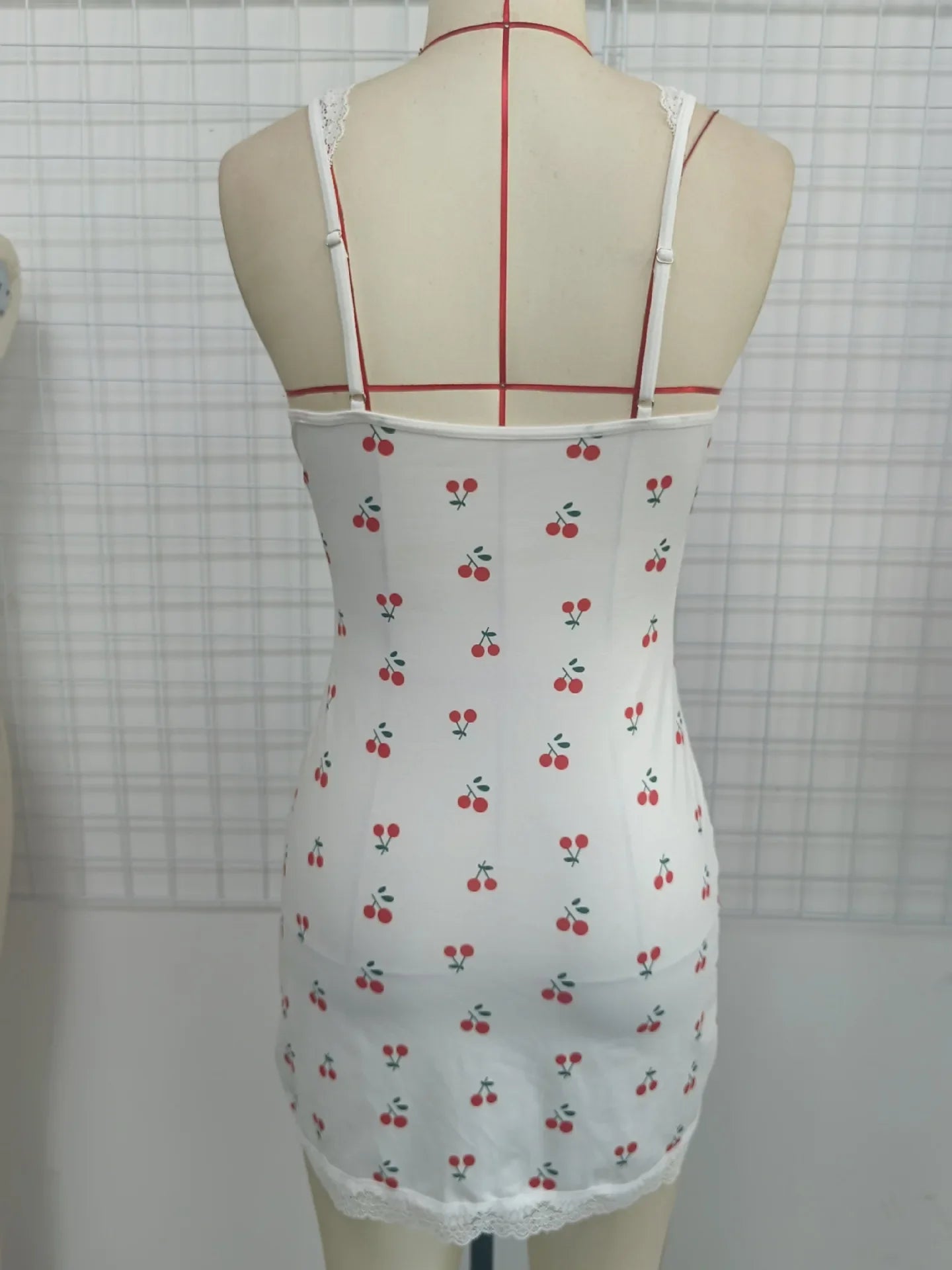 Sexy Cherry Print Nightgown Women's Lace Trim Lingerie Criss Cross Cami Mini Dress Cute Bodycon Chemise Trendy Nightwear New