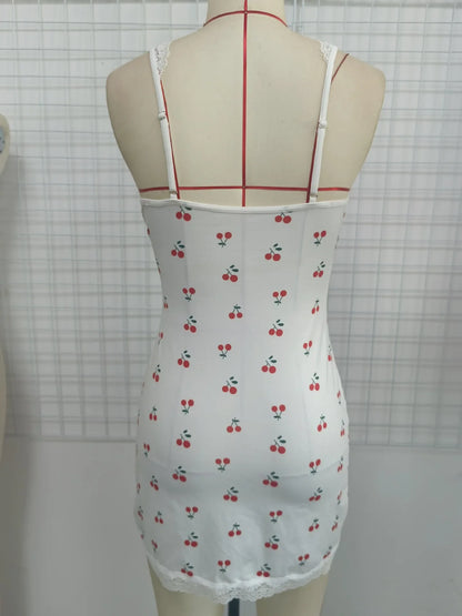 Sexy Cherry Print Nightgown Women's Lace Trim Lingerie Criss Cross Cami Mini Dress Cute Bodycon Chemise Trendy Nightwear New