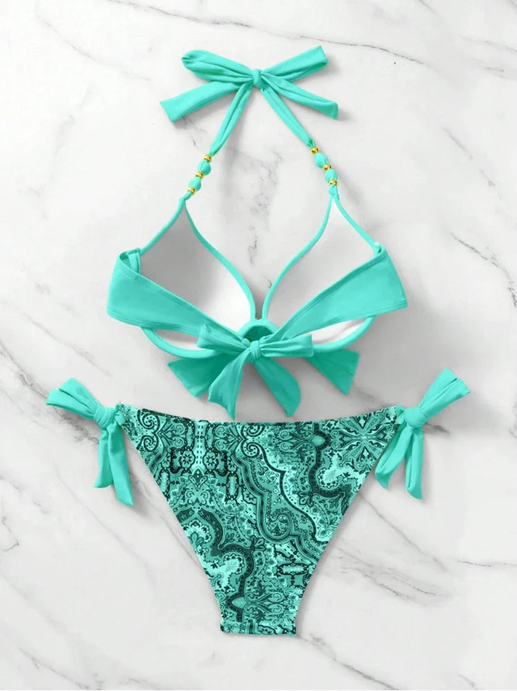 2025 Summer Sexy Print Two-Piece Bikini Women's Halter Swimwear Bandage Backless Swimsuit Tight Push Up Beach Party Bathing Suit