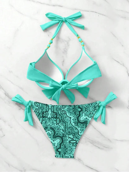 2025 Summer Sexy Print Two-Piece Bikini Women's Halter Swimwear Bandage Backless Swimsuit Tight Push Up Beach Party Bathing Suit