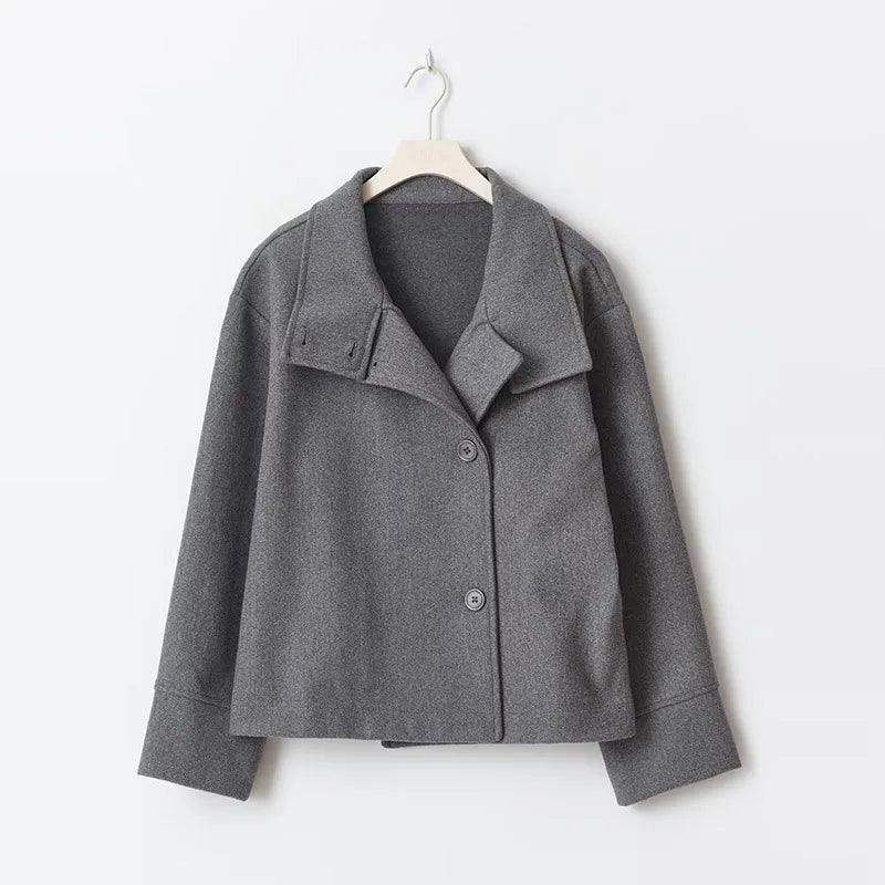 Urban Black Woolen Blend Coats Women Stand Collar Single-breasted Long Sleeve Thick Warm Jacket 2025 Autumn Winter Lady Outwear