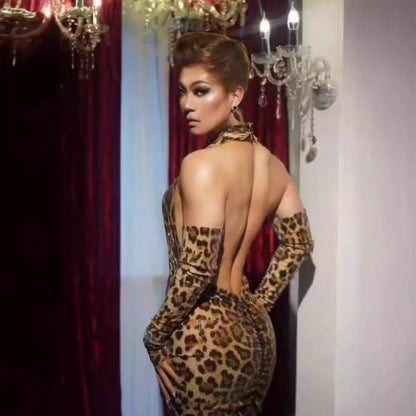 Birthday Performance Plus Size Women's Clothing Bulk Sequins Hollow Leopard Print Dress Women's Party High-End Performance Dress
