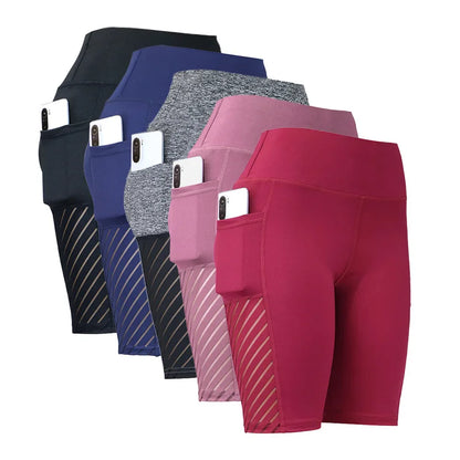 Women Sport Yoga Shorts Knee Length Pants Fitness High Waist Hip Lift Running Yoga Side Pockets Tights Quick Dry Gym Sportswear