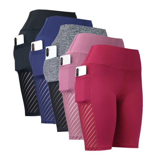 Women Sport Yoga Shorts Knee Length Pants Fitness High Waist Hip Lift Running Yoga Side Pockets Tights Quick Dry Gym Sportswear