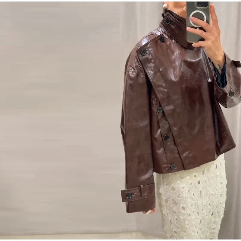 Street Stand Collar Women's Leather Jacket Loose Long Sleeve Zipper Pockets Chic Female Coats 2025 Autumn Winter Lady Outerwear