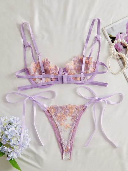 Floral Embroidery Transparent Mesh Bra Brief Sets Ultra Thin Straps Flowers Lace Sexy Lingerie Half Cup Woman Underwear 2025