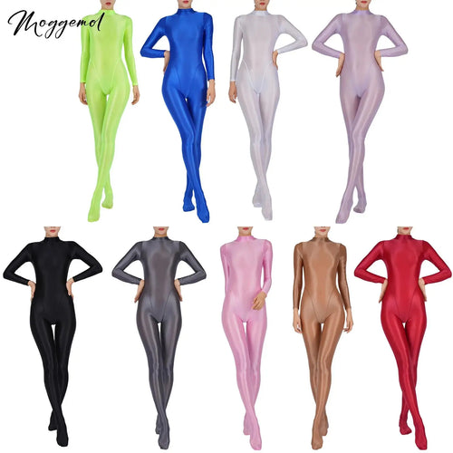 Womens Glossy Full Body Jumpsuit See Through Sheer Catsuits Bodystockings Long Sleeve Footed One Piece Gym Yoga Tights Bodysuit