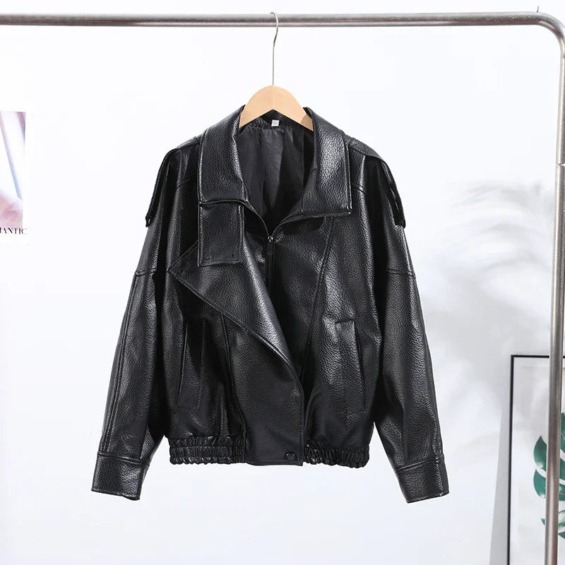 Stand Collar Women's Jacket Full Sleeve Double Button Solid Female Leather Jackets 2025 Autumn Fashion High Street Lady Outwears