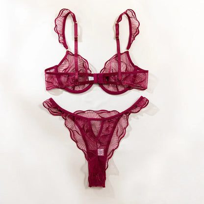Diccvicc Sexy Bra 2 Pieces Leaf Inspired Lace Pattern Sheer Mesh Low Rise Panty Women Underwear Set See Through Daring Lingerie