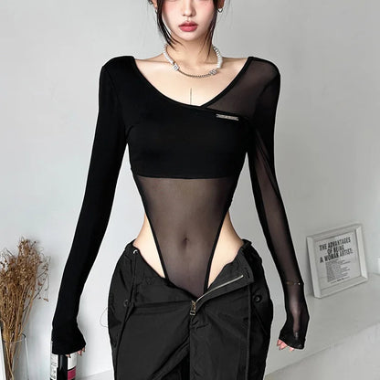 Black See Through Bodysuit Lingerie Sexy Long Sleeve Lenceria Femenina V-Neck One-Pieces Body Feminino Backless Tops For Women