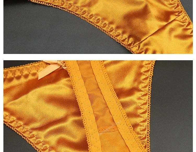 Sexy Silk Satin Thongs Hollow Out Fashion Solid Color Panties Cotton Crotch Low Waist Breathable Pure Color Women's Underwear