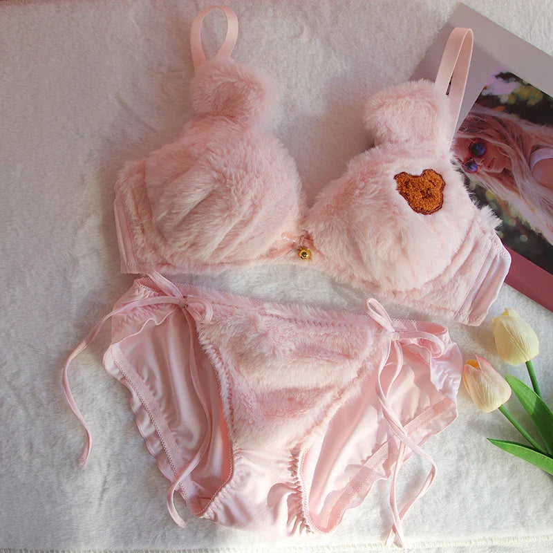 Cute Bear Underwear Winter Plush Cartoon Comfortable Bra & Brief Sets Women's Intimates Thermal Bra Gathers Sleepwear Lingerie