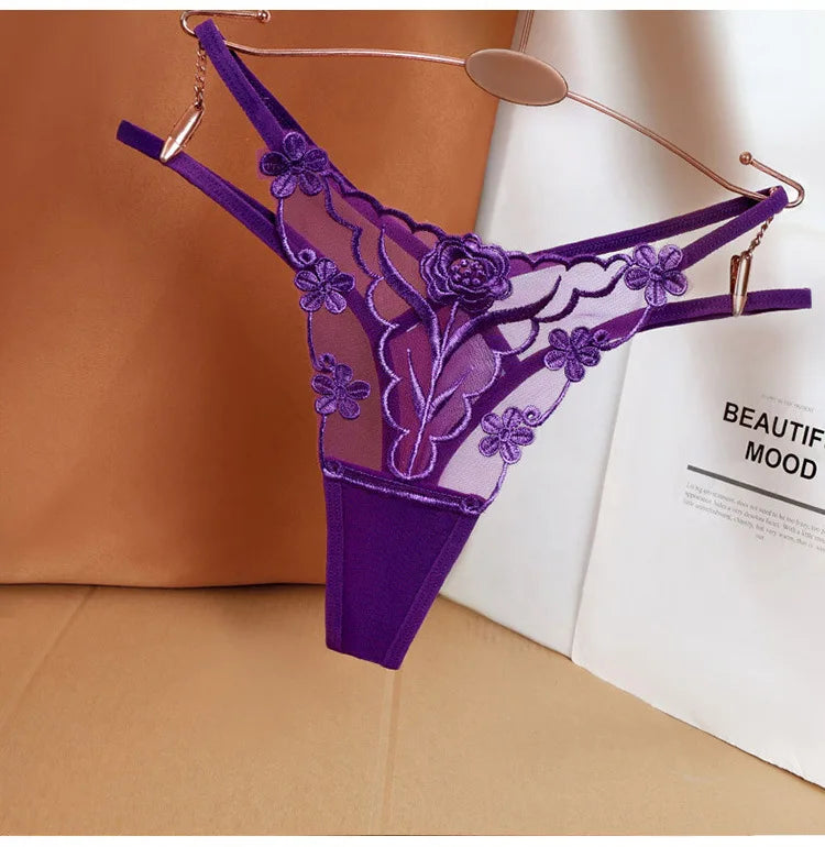 Sexy Embroidered and Hollowed-out Women's Thong, Party Vacation Jacquard Women's Panties - Purple and Green.