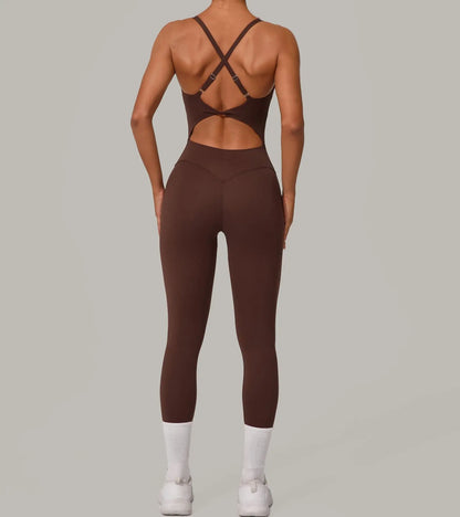 Sexy Hollow Cross Backless Sporty Tight Jumpsuit Woman Sportswear Summer One Pieces Outfit Gym Fitness Overalls Yoga Jump Suit